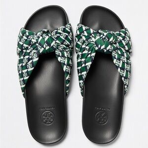 Tory Burch Black Slide Sandals with Green and White Printed Knot Straps